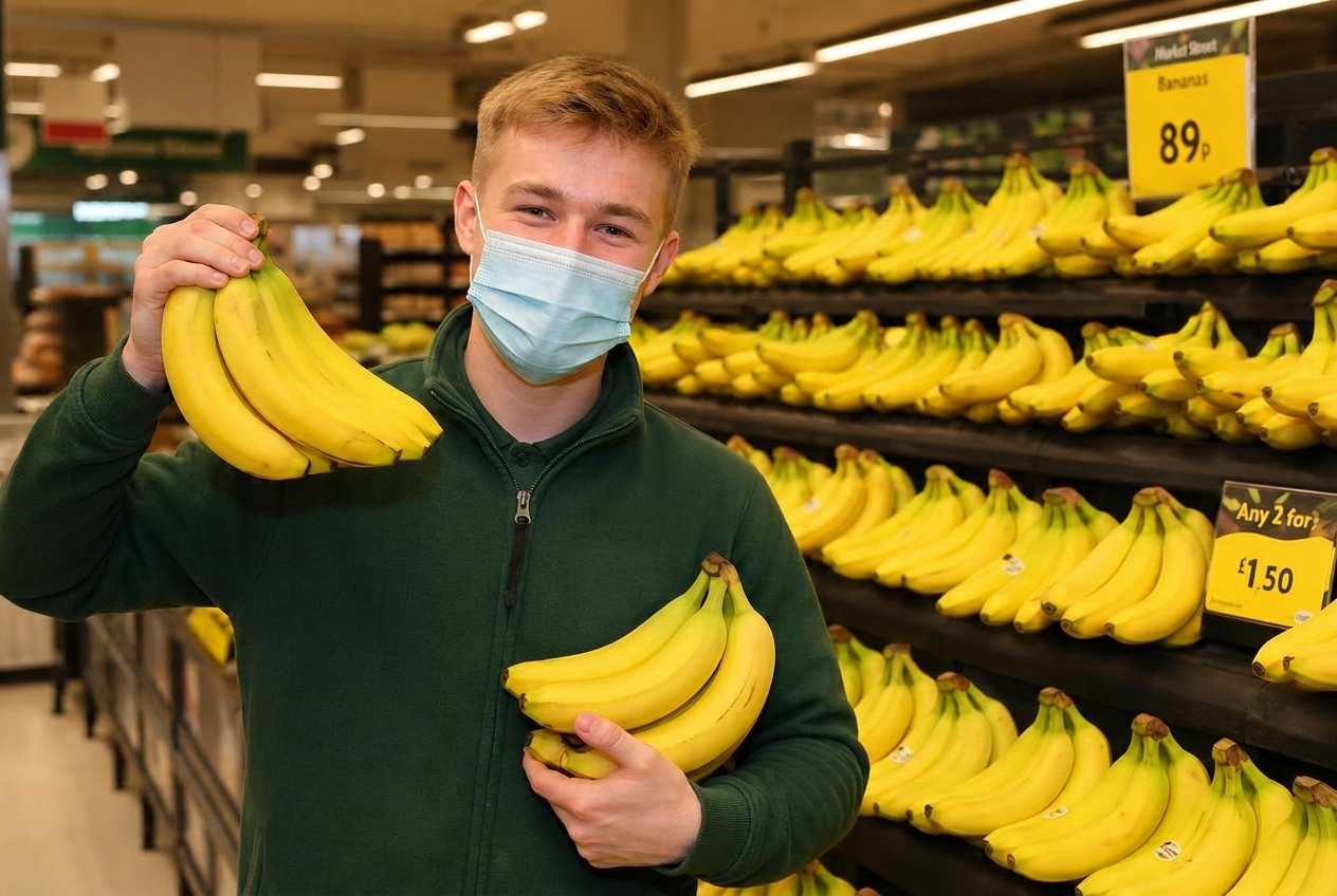 UK supermarket with bananas on the shelf