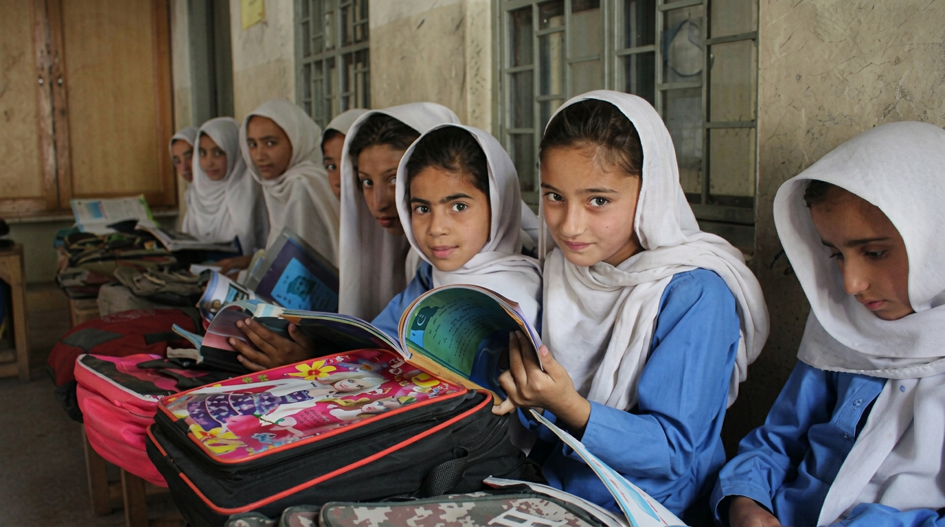 Children in a sunlit classroom under a ceiling fan during extreme heat